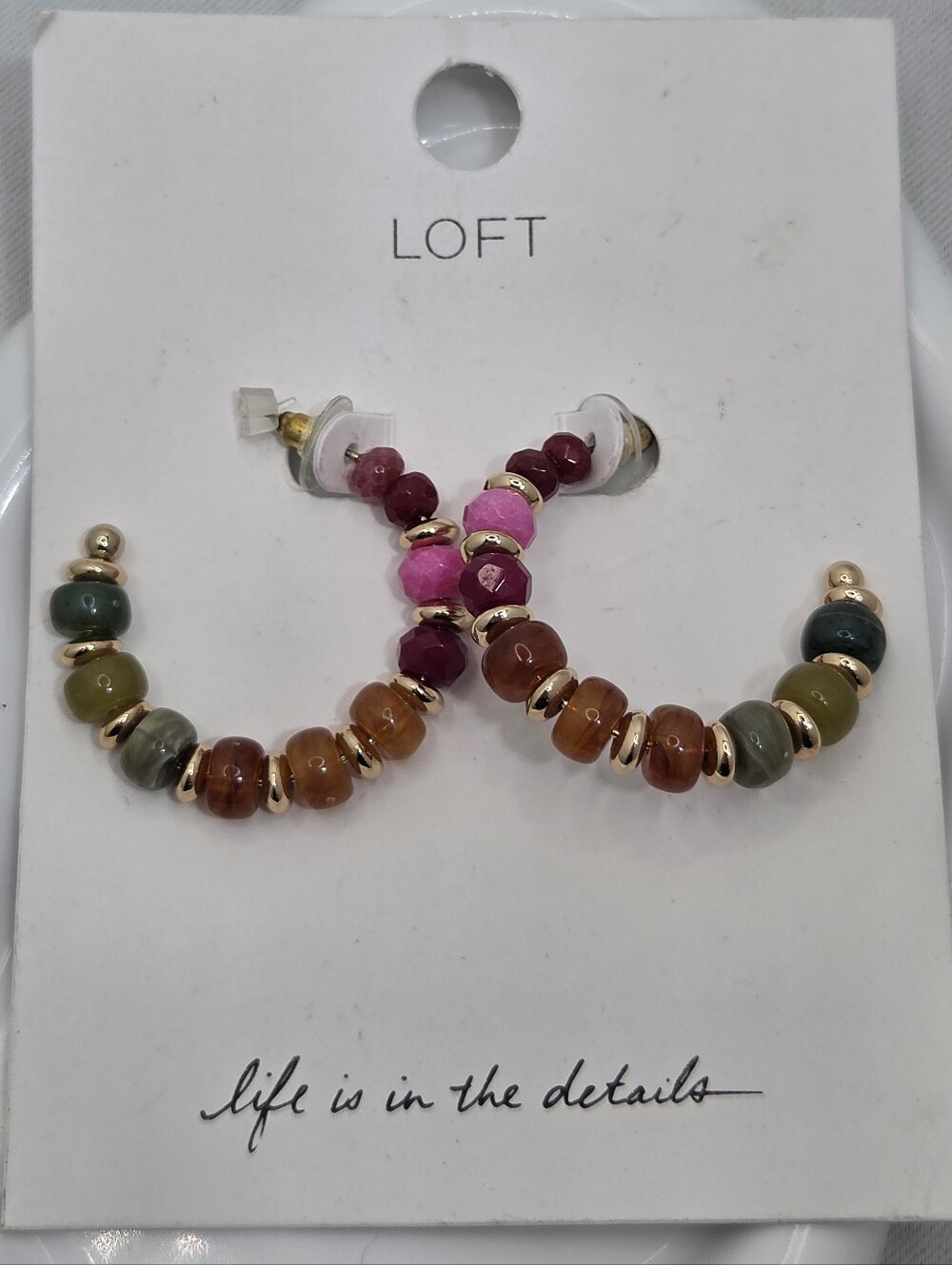 ✨ LOFT Multi Beaded Hoop Earrings Pink Green Amber Gold Tone NWT ✨